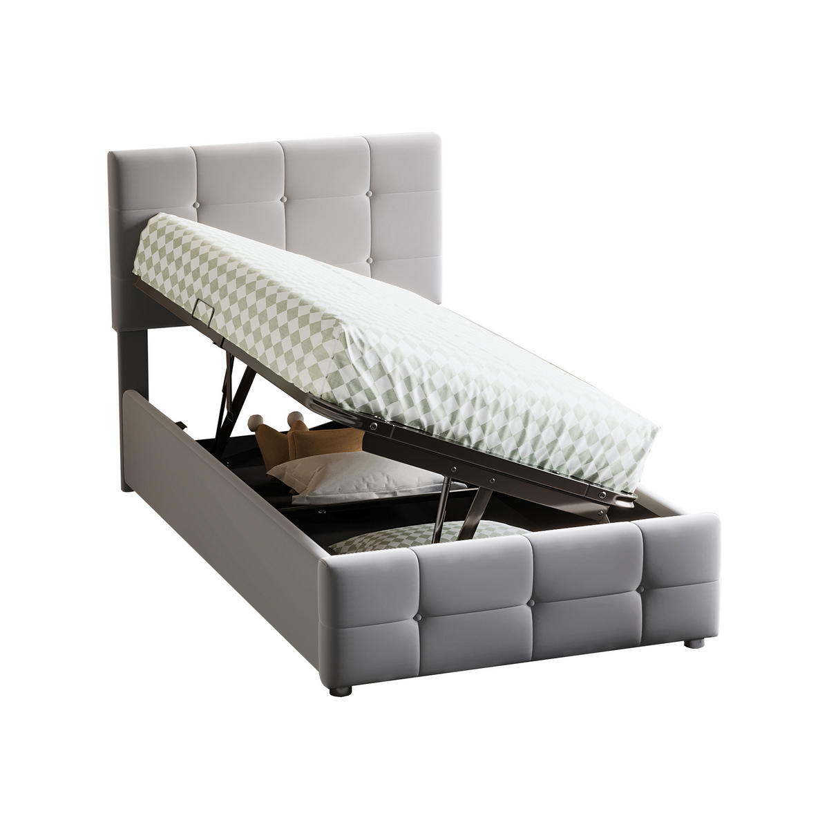 KINDERBETT 90/200 cm mit hydraulischem Stauraum und höhenverstellbarem Kopfteil Grau - Grau, Textil (90/200cm) - OKWISH