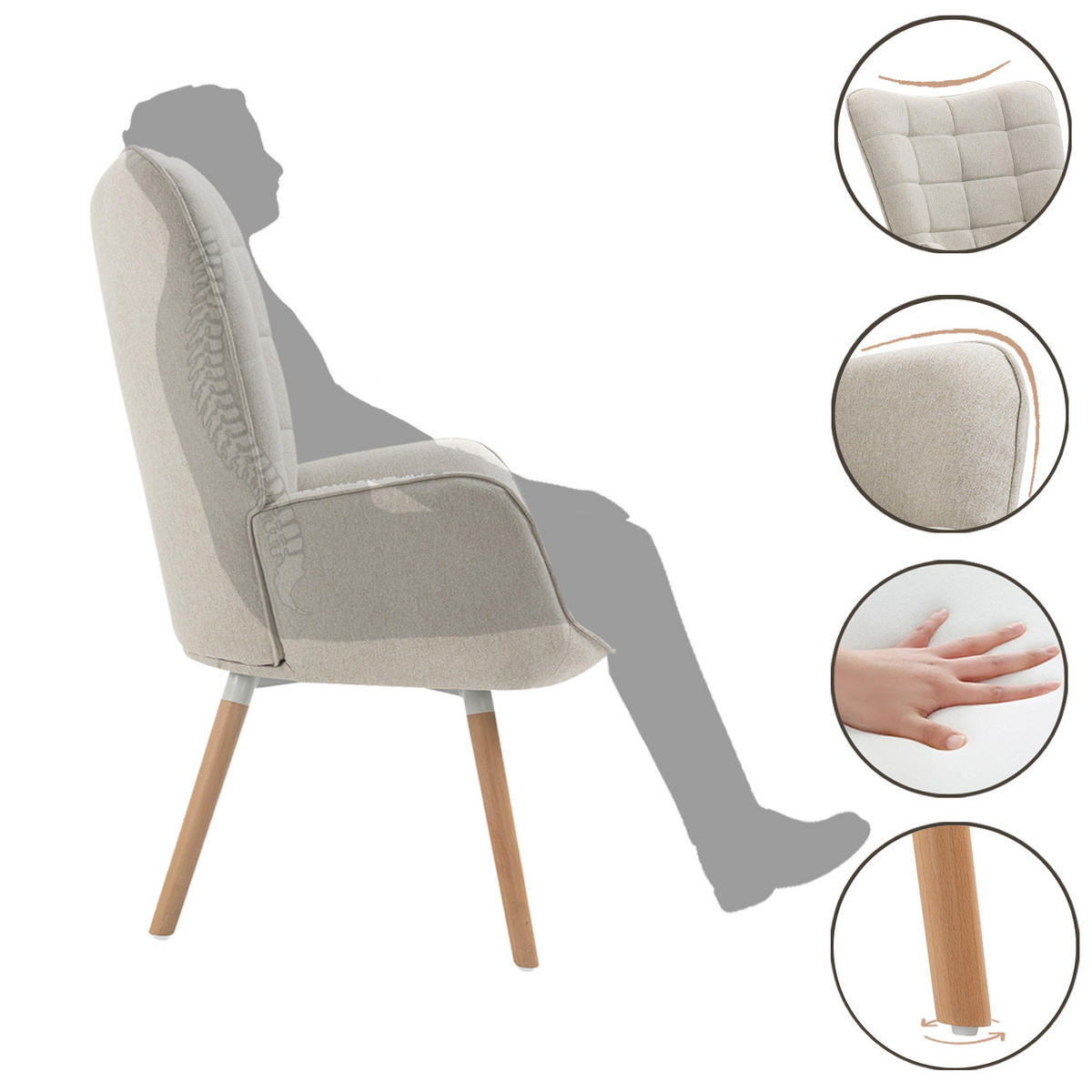 OHRENSESSEL in Webstoff, Beige - Beige, Holz/Textil (66/106/53cm) - Meubles Cosy