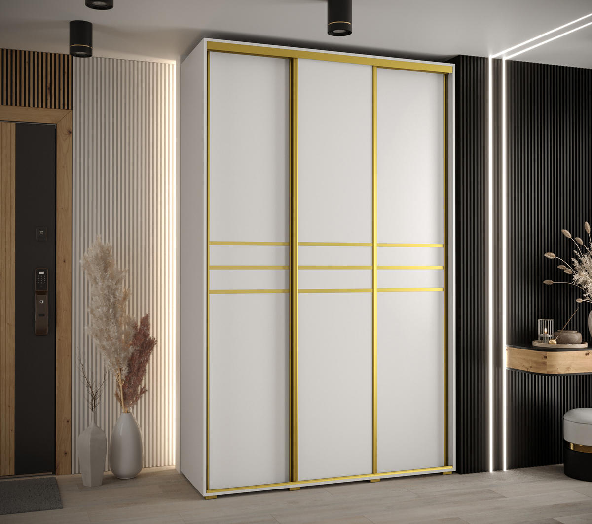 SCHWEBETÜRENSCHRANK 235,2/160/60 3-türig - Goldfarben/Weiß, Holz/Metall (160/235/60cm) - Abiks Möbel