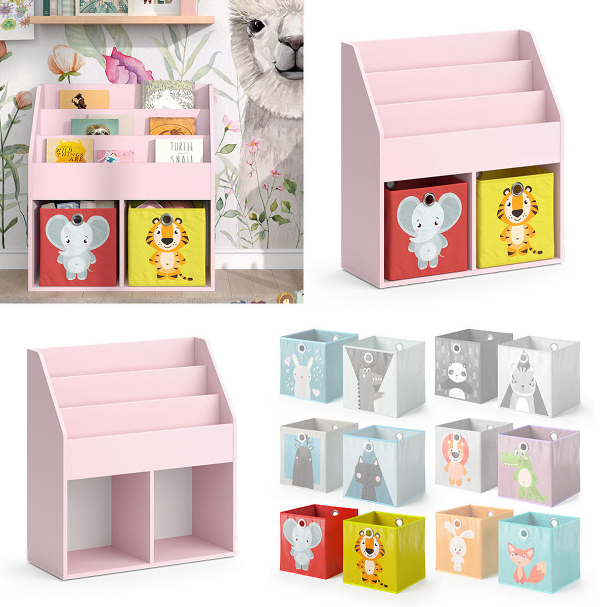KINDERREGAL Luigi Rosa 72 x 79 cm mit 2 Faltboxen (Elefant, Tiger) - Pink, Holzwerkstoff (72/79/30.7cm) - Vicco