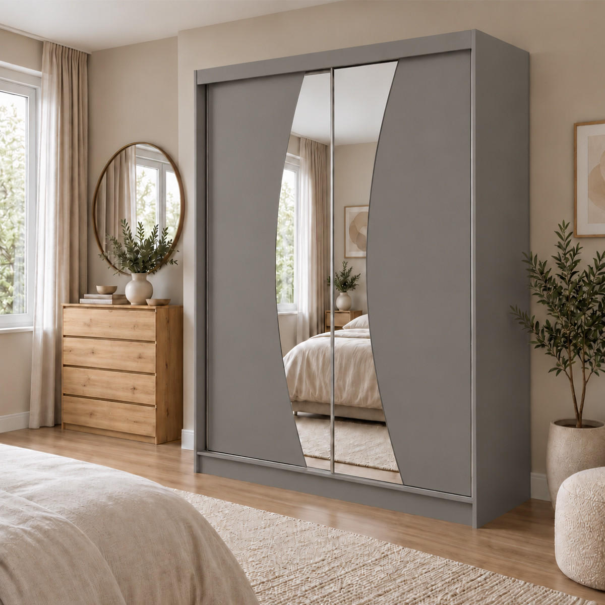 KLEIDERSCHRANK Nox 200 cm Graphit Spiegel 2 Schubladen Griffe silber - Graphitfarben, Holzwerkstoff (200/216/61cm) - KS Home Concept