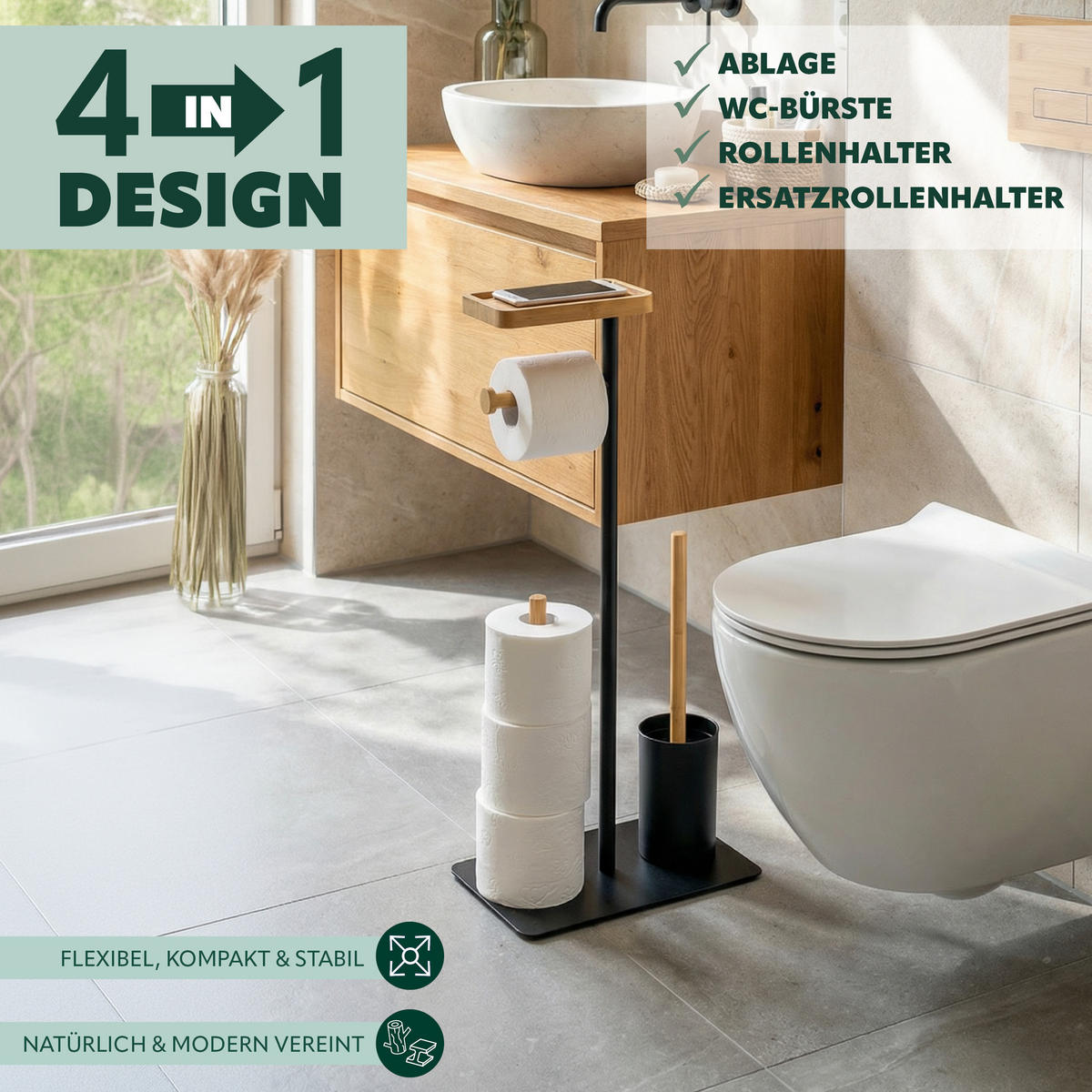 STAND-WC-GARNITUR 4in1, Bambus/Metall schwarz - Schwarz, Metall (30/68/20cm) - eluno