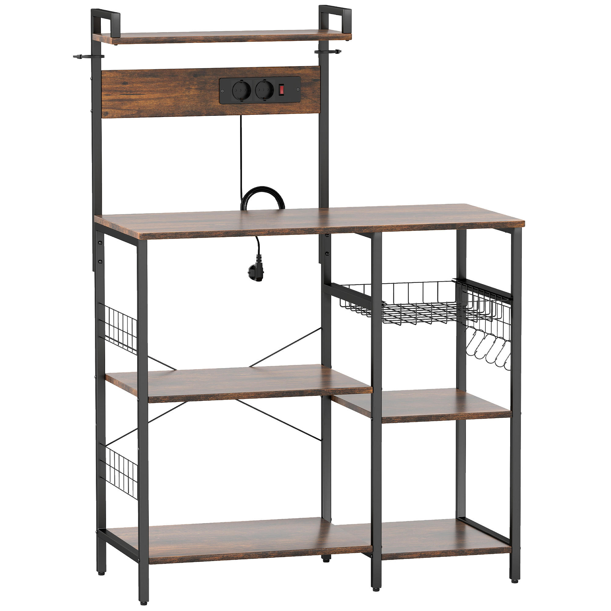 KÜCHENREGAL Standregal mit 2 Steckdosen 5 S-Haken 5 Ablagen Bäckerregal - Braun, Holzwerkstoff (42/130/90cm) - HOMCOM