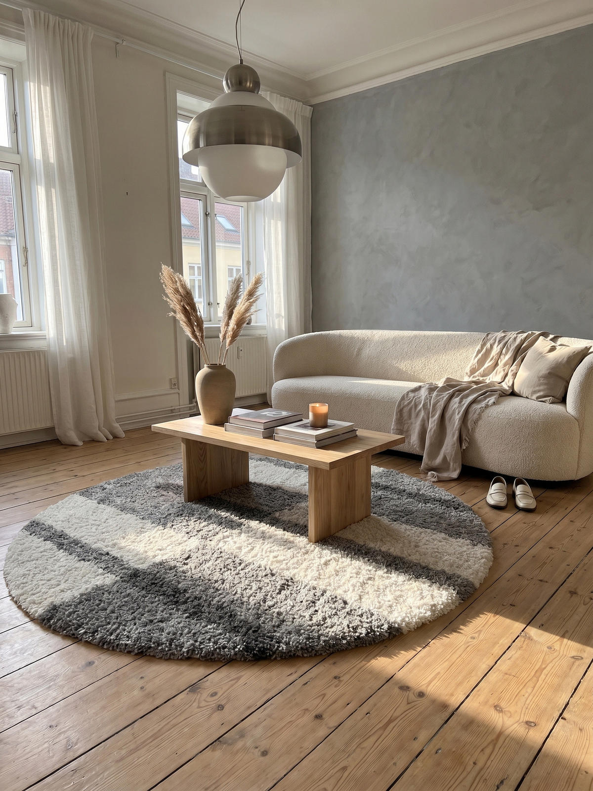 TEPPICH Hochflor Shaggy Karo Weich Flauschig Waschbar Schlafzimmer Rund Hellgrau 80x80 cm – WERFEN - Grau, Textil (80/80cm) - KADIMA DESIGN