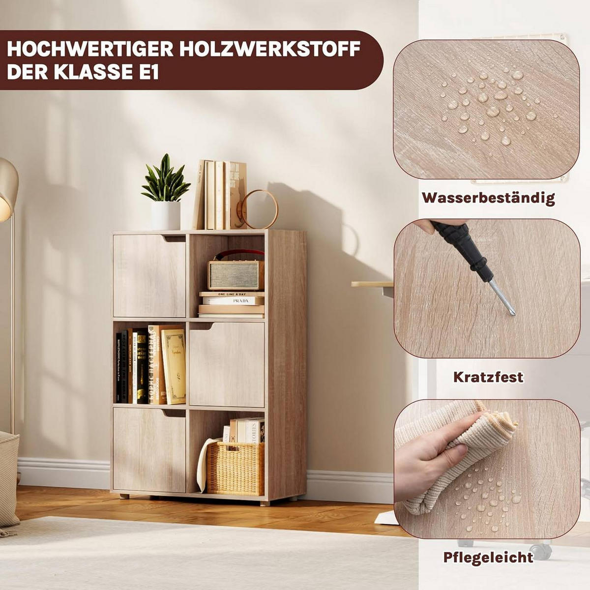REGALE Bücherregal mit 3 Türen, 6 Fächer, Eiche - Eichefarben/Grau, Holzwerkstoff/Kunststoff (59.6/91/29cm) - Woltu