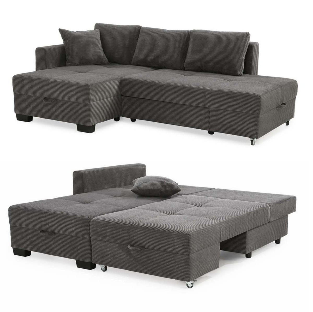 ECKSOFA Doppelbett mit Bettkasten, seitenverkehrt montierbar B247/T155/H87 cm, Liegefläche 183x207 cm, Cord Grau Anthrazit / 15214 - Schieferfarben/Anthrazit, Kunststoff/Textil (247/155cm) - luma-home