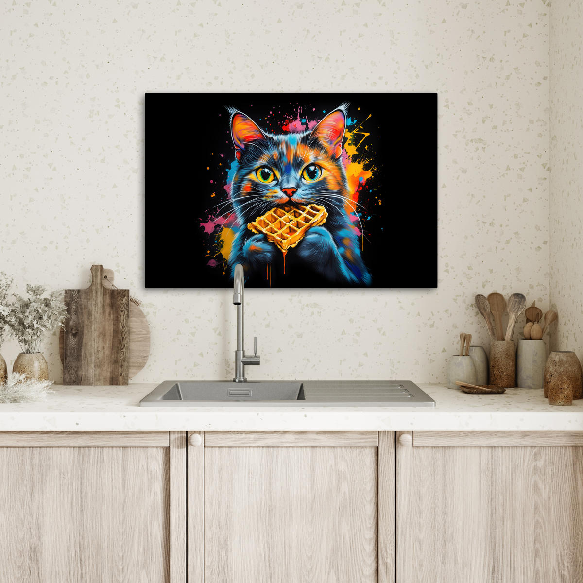 LEINWANDBILD Katze - Graffiti - Bunt - Waffel - Essen Gemälde 60x40 cm - Türkis, Textil (60/40cm) - MuchoWow