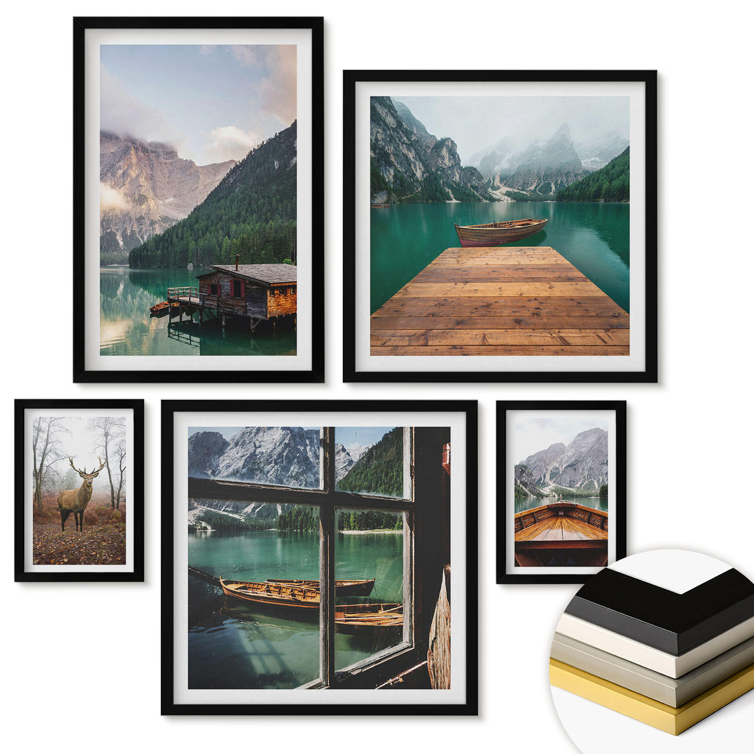 WANDBILDER 5er-Set - 50x50 cm & 20x30 cm & 40x60 cm Schwarzer Rahmen - Berglandschaften, Ferienhäuser, Boote - Schwarz, Kunststoff (40/60cm) - ArtPrintCave