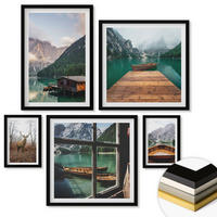 WANDBILDER 5er-Set - 50x50 cm & 20x30 cm & 40x60 cm Schwarzer Rahmen - Berglandschaften, Ferienhäuser, Boote - Schwarz, Kunststoff (40/60cm) - ArtPrintCave