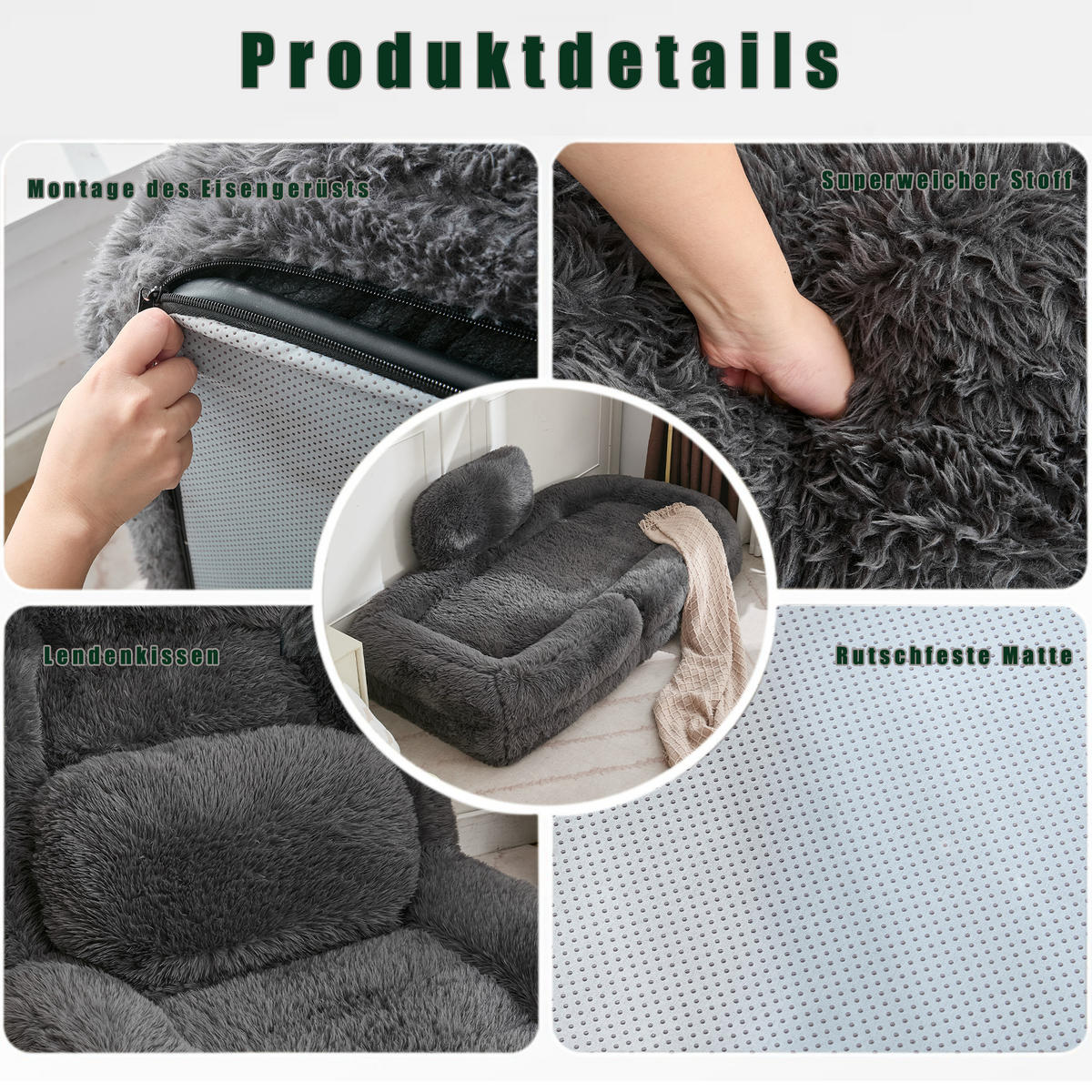 SITZSACK Plüsch Dunkelgrau klappbar und verstellbar - Dunkelgrau, Holzwerkstoff/Textil (89/42/175cm) - WISHDOR