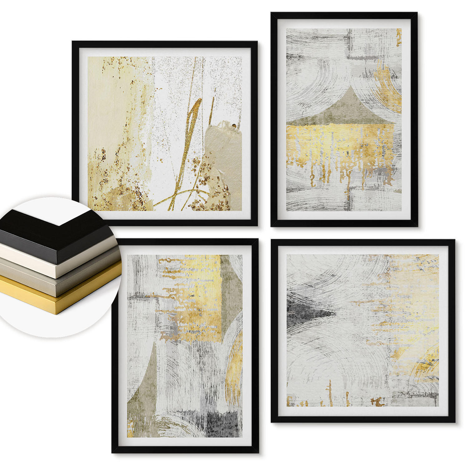 WANDBILDER 4er-Set - 50x50 cm & 40x60 cm Schwarzer Rahmen - Abstrakte minimalistische Muster - Schwarz, Kunststoff (50/50cm) - ArtPrintCave
