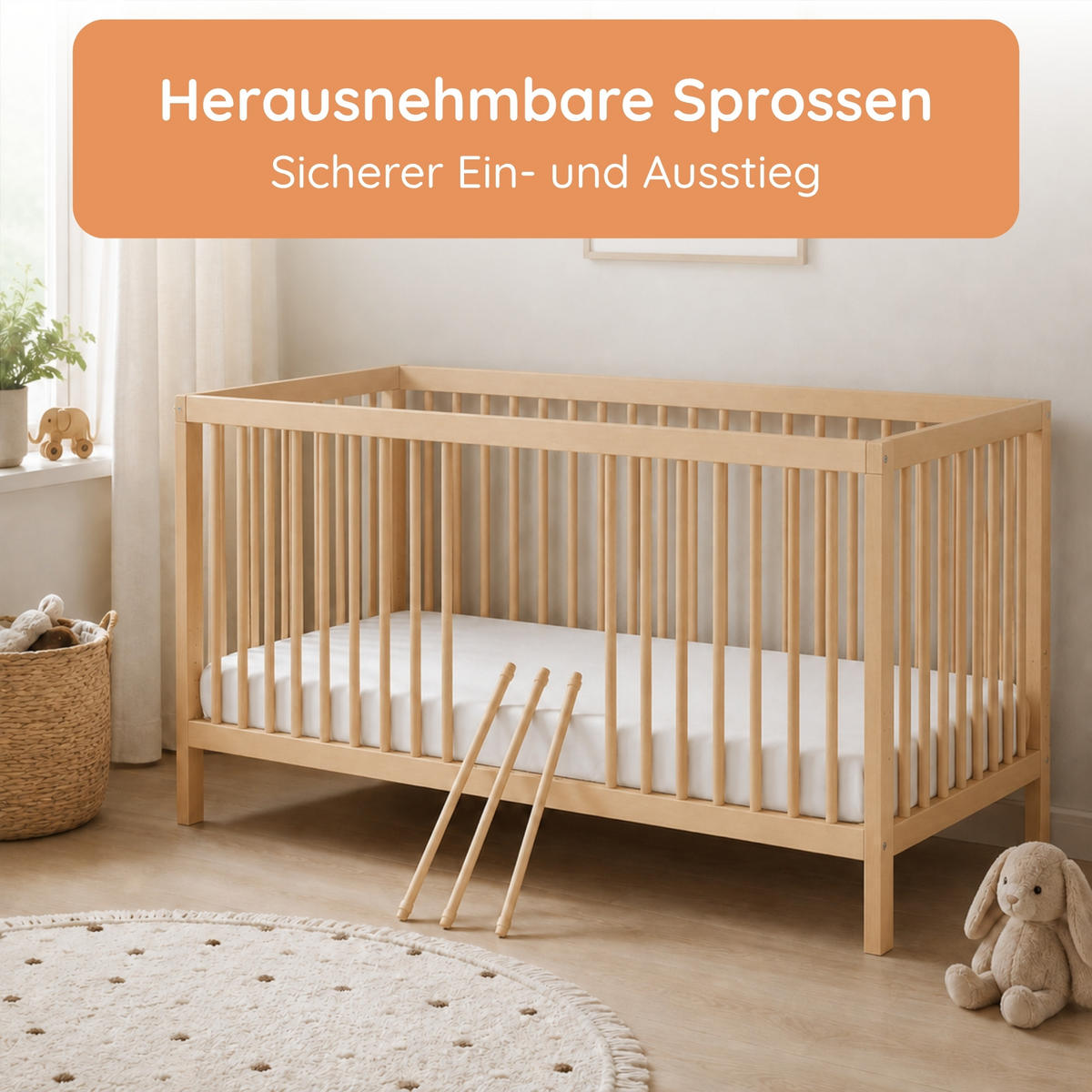 BABYPOSTÝLKA s poloviční boční zábranou 60x120 cm v přírodní barvě - přírodní, dřevo (60/120cm) - Kids Collective