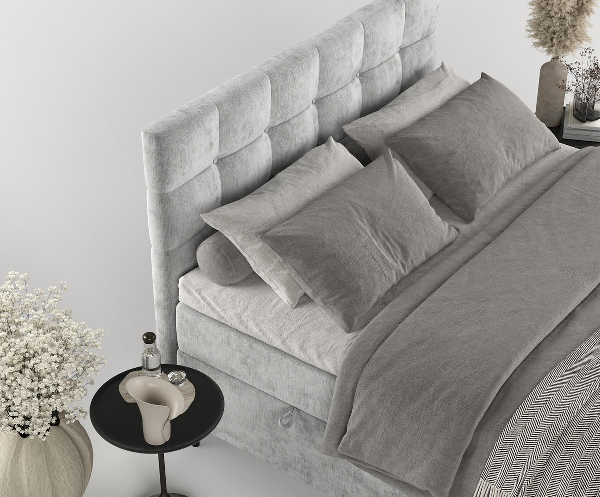 BOXBETT Urbaneo Hellgrau 200/200 cm mit Bonellmatratze und Topper - Hellgrau/Schwarz, Holz/Holzwerkstoff (200/200cm) - Maison de Reve