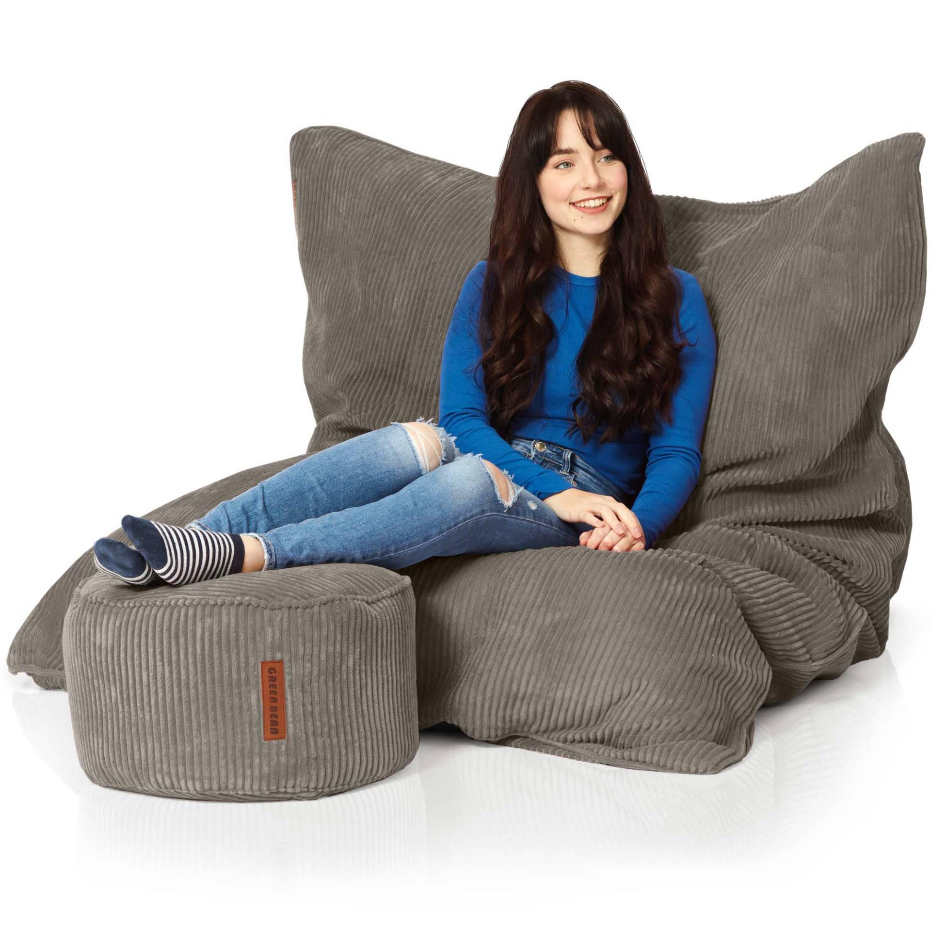 SITZSACK XXL "Square" + Pouf aus Cord - Anthrazit, Textil (140/25/180cm) - Green Bean