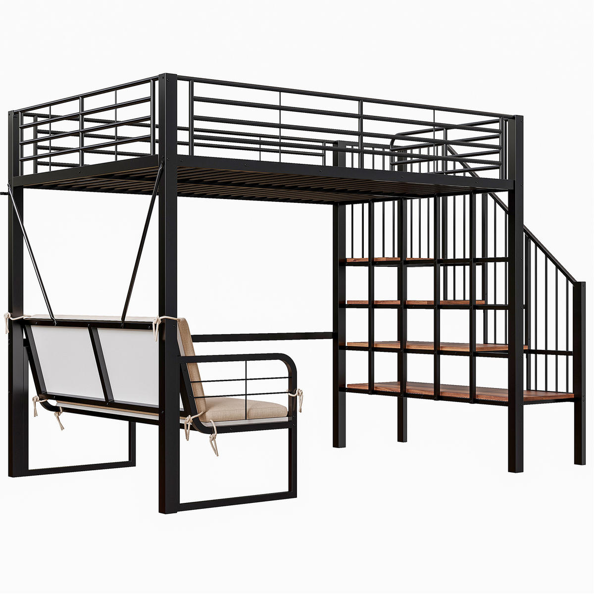 ETAGENBETT 140/200 cm mit abnehmbarem Polstersofa, Stauraumtreppe und Metallrahmen, Schwarz - Schwarz, Holzwerkstoff (140/200cm) - Redom