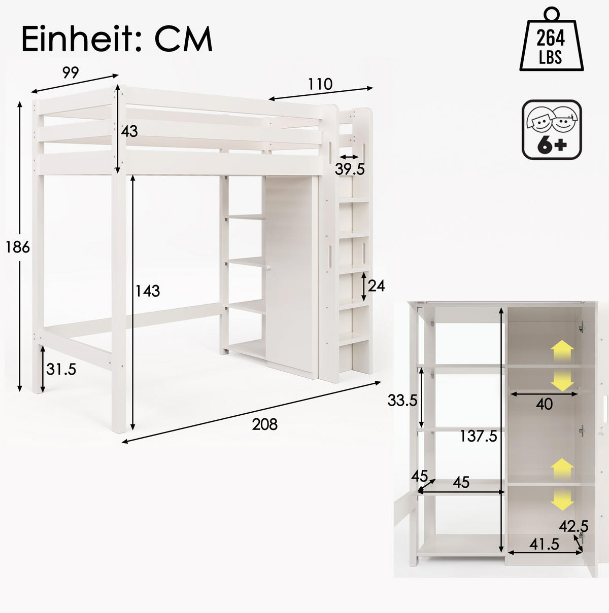 HOCHBETT 90/200 cm Weiß aus Holzwerkstoff und Massivholz mit Kleiderschrank und 6 Regalen - Weiß, Holzwerkstoff (90/200cm) - OKMYHOME