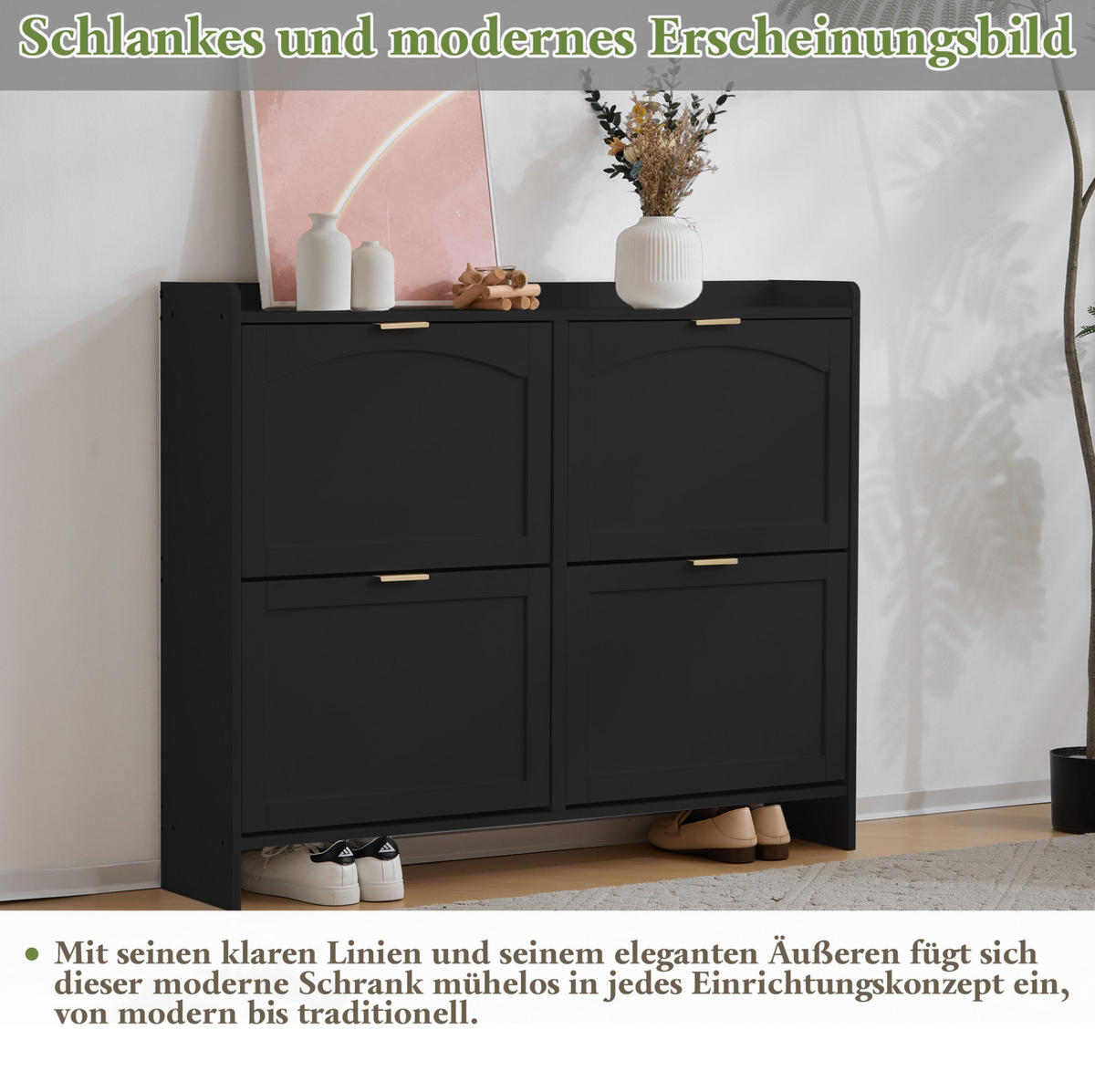 SCHUHSCHRANK 110/90/24 cm Schwarz aus Spanplatte mit 4 Klappfächern - Schwarz, Holzwerkstoff (110/90/24cm) - OKMYHOME