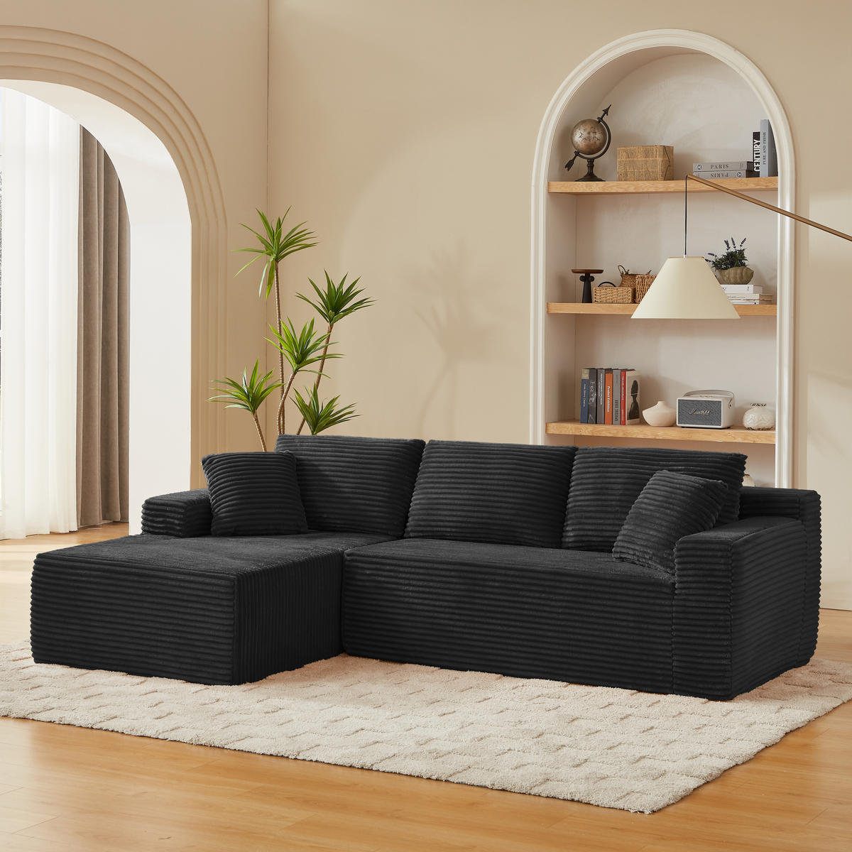 ECKSOFA 3-Sitzer Cord Schwarz mit Rücken- und Nackenkissen - Schwarz, Textil (252.5/163cm) - WISHDOR