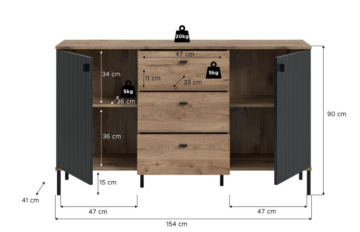 SIDEBOARD CHESS (B/H/T: ca. 154/89/41 cm) in Nox Oak Nachbildung/schwarz - Eichefarben, Holzwerkstoff (154/89/41cm)