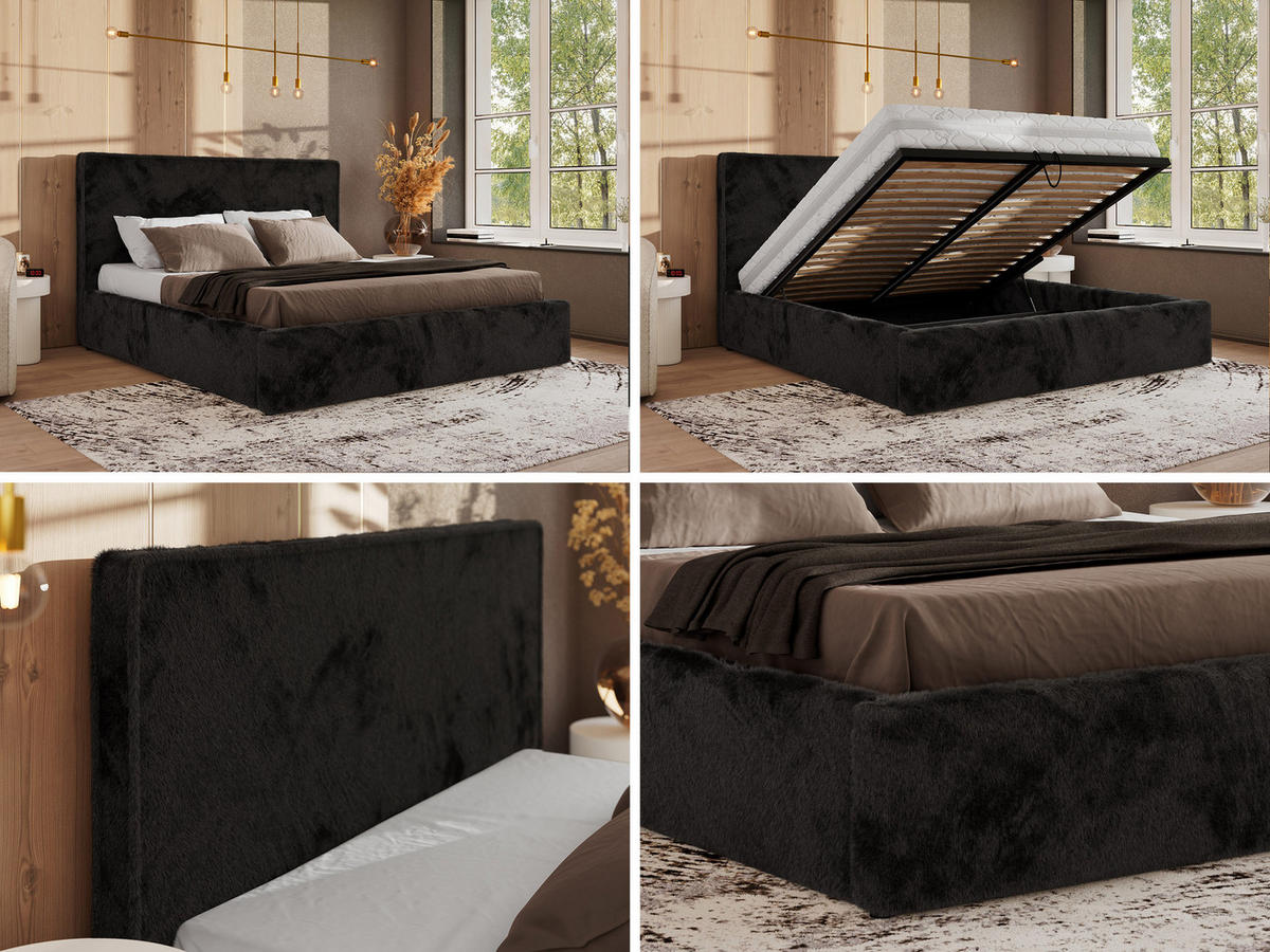 POLSTERBETT CORIVO CLASSIC 180/200 - Schwarz Plüsch - ohne Matratze - Schwarz, Textil (180/200cm) - MKS