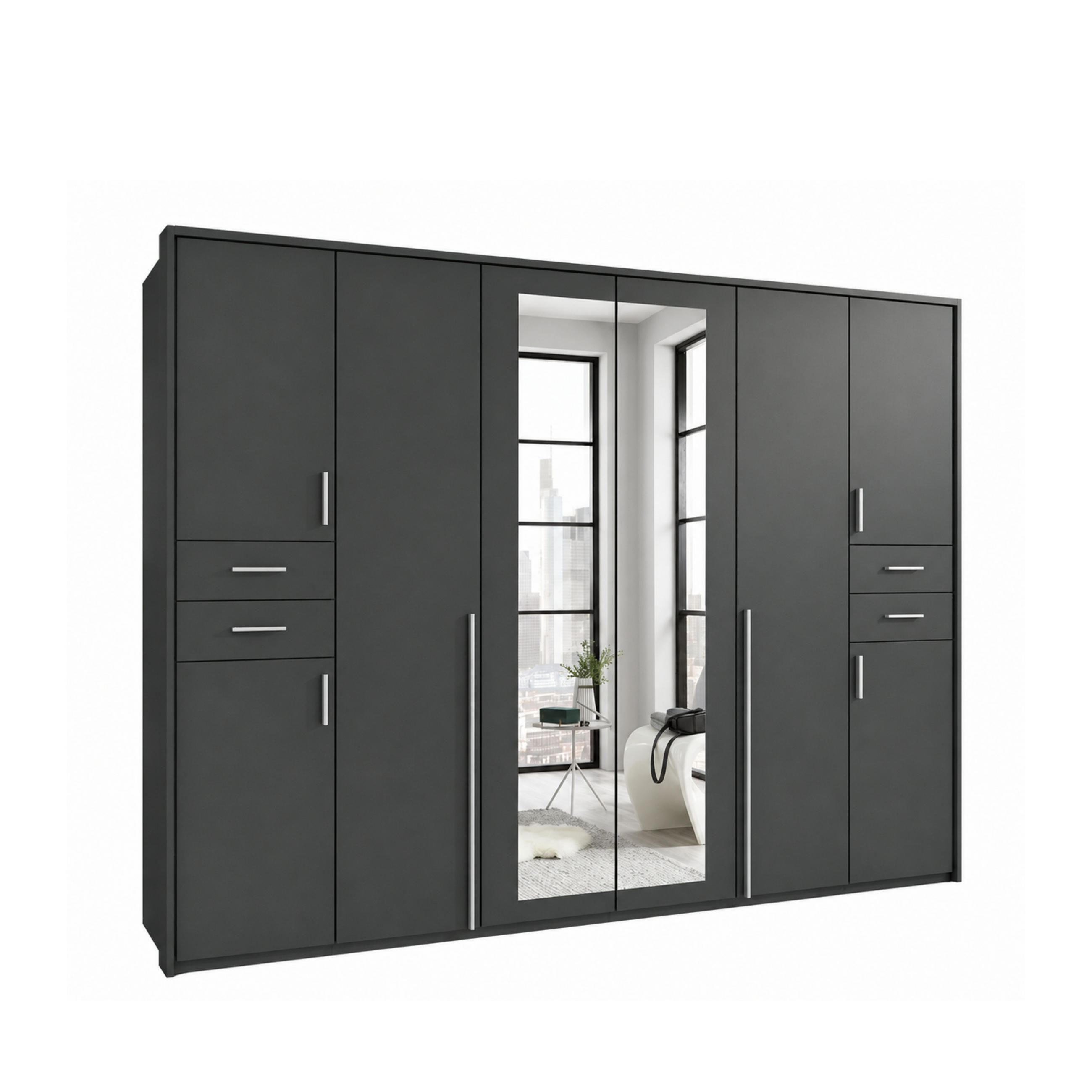 DREHTÜRENSCHRANK Kleiderschrank B273/H210/T58 cm mit Schubkästen & Passepartout & 2 Spiegeltüren, Grafit / 22577 - Silberfarben/Graphitfarben, Holzwerkstoff/Kunststoff (273/210/58cm) - luma-home