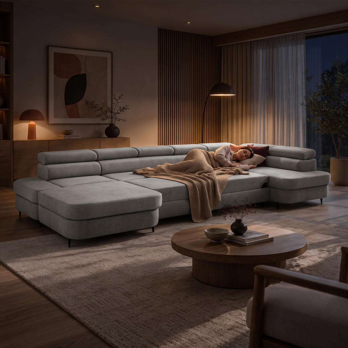 ECKSOFA U-Form PRIAM MAXI U Rechts mit Schlaffunktion 125x317 Velours Hellgrau - Hellgrau/Schwarz, Holz/Textil (400/91/203cm) - Muffo