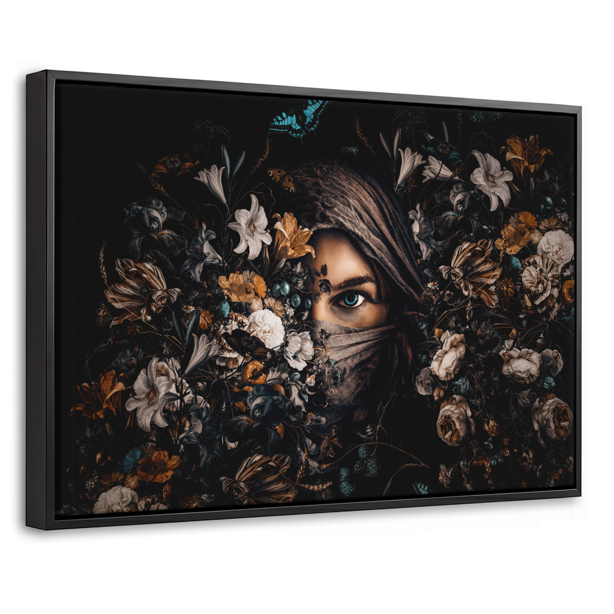LEINWAND Bilder mit Rahmen - Frau - Luxus - Blumen - Schmetterling - Porträt - 30x20 - Schwarz, Textil (30/20cm) - MuchoWow