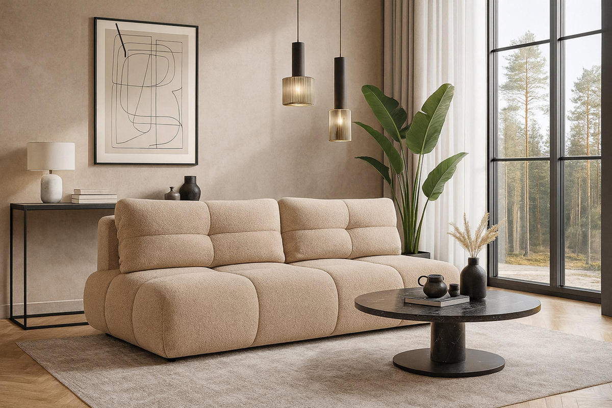 SCHLAFSOFA MILA, Sofa mit Schlaffunktion und Bettkasten, Farbe: Beige, Bouclé-Stoff - Beige, Textil (214/89/104cm) - Sepro Meble