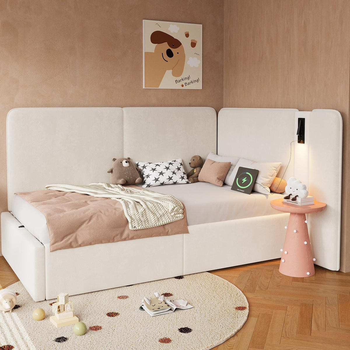 BETT 90/200 cm in Beige – mit Bettkasten, USB-C/USB und Lattenrost - Beige, Textil (90/200cm) - BEAOK