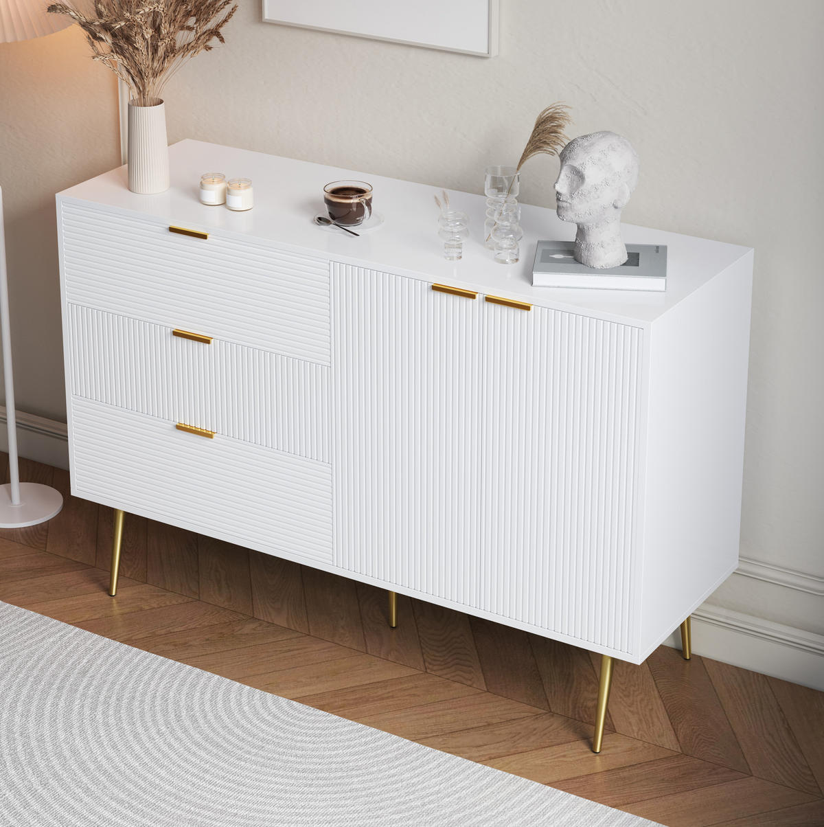 SIDEBOARD aus MDF 120x38x80,5 cm Weiß/Gold mit 3 Schubladen und 2 Türen - Weiß, Holzwerkstoff (120/80.5/38cm) - IVMEU