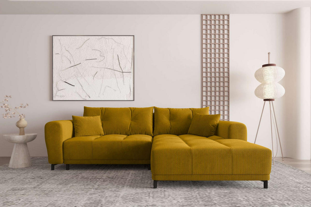 ECKSOFA Massimo Cordstoff Goldfarben inkl. Schlaffunktion Rechts - Goldfarben/Schwarz, Textil/Metall (246/177cm) - 99rooms