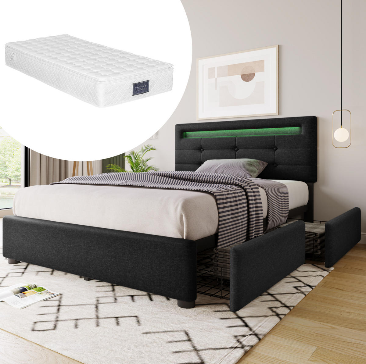 TAPECIRANI krevet 90/200 cm crni od lana s LED uzglavljem, madracem i 2 ladice - crna, tekstil (90/200cm) - OKWISH