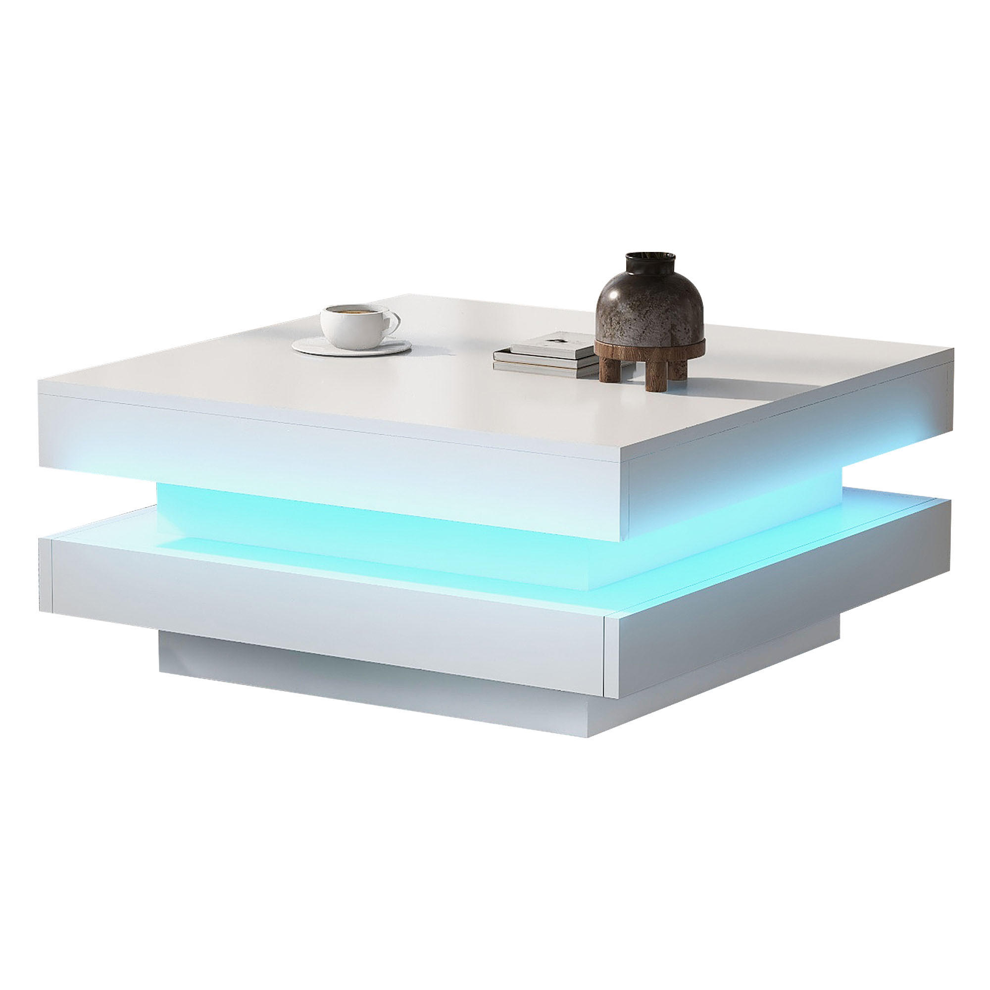STILVORA KONFERENČNÍ STŮL v bílé barvě s otočnou deskou a LED osvětlením do obýváku, 70×70×36 cm