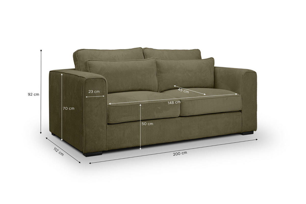 SOFA khaki Cord 2,5-Sitzer 200 cm, Couch mit Wellenfederung - Dunkelgrün/Schwarz, Holzwerkstoff/Kunststoff (200/92/112cm) - Inn.Furn