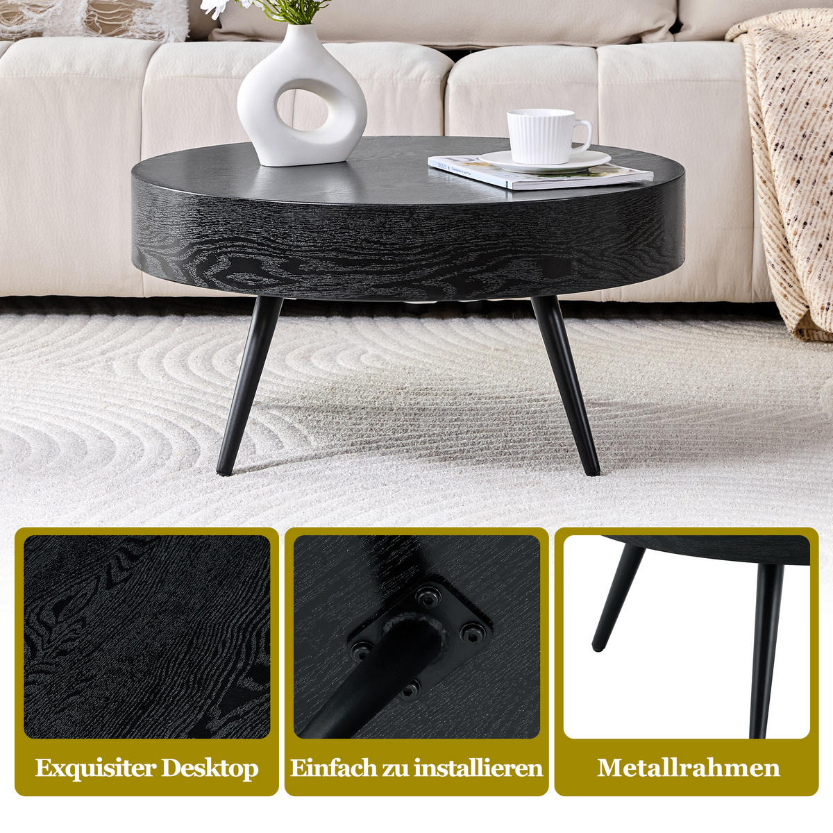 RUNDER COUCHTISCH Holzoptik Schwarz - Schwarz, Metall (70/70/35.5cm)