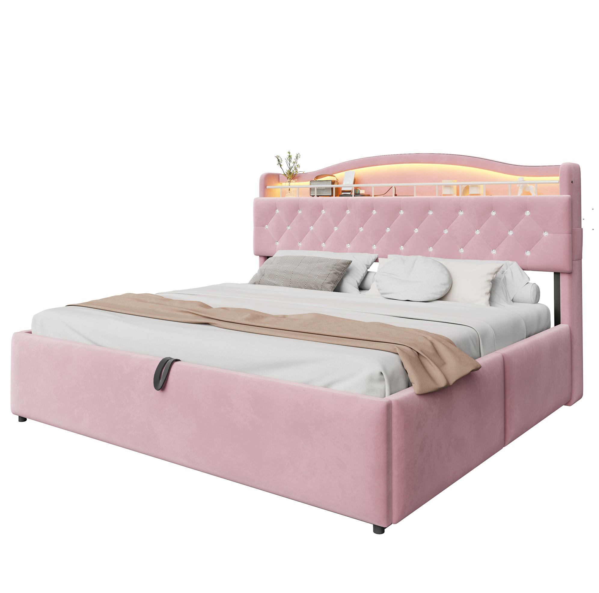 POLSTERBETT 180x200 cm in Rosa mit LED-Kopfteil, USB-/USB-C-Anschlüssen und Bettkasten - Pink, Textil (180/200cm) - IVMEU