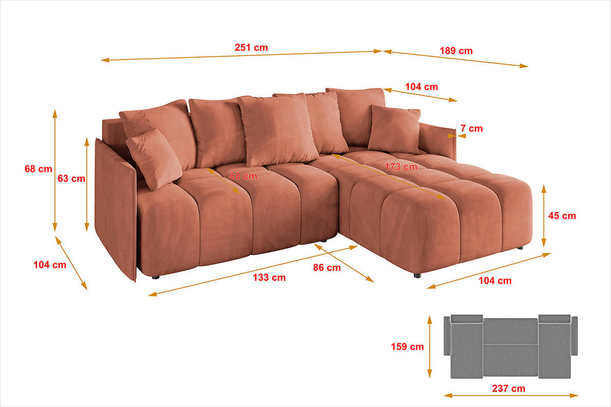 ECKSOFA Ottomane rechts LONLI-L 251x189x68 Koralle Velours - Koralle, Holzwerkstoff/Kunststoff (189/251cm) - ALTDECOR