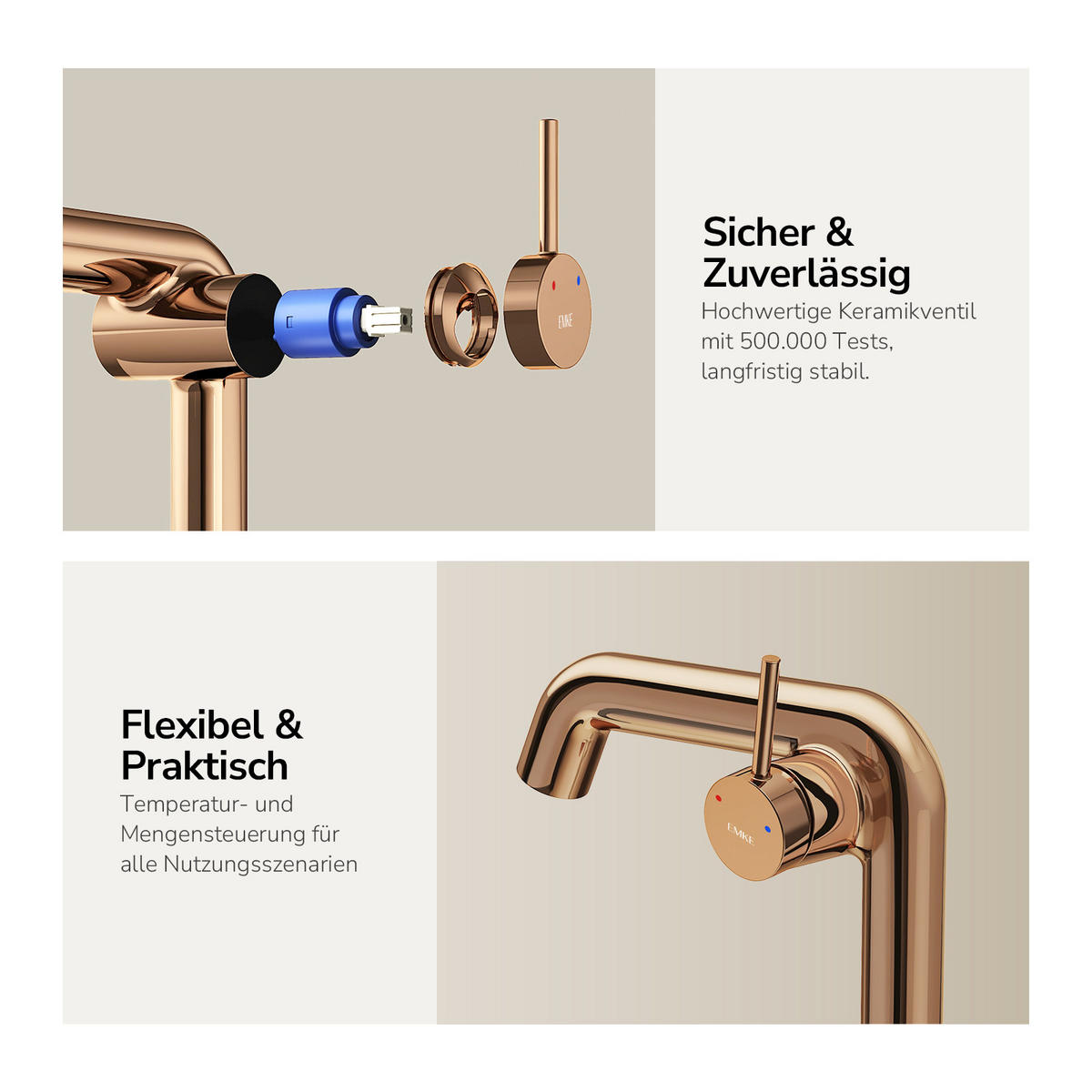 WASCHTISCHARMATUR Ventilkernzertifizierung Rosengold 15cm - Roségold, Metall (20/7.6/22.2cm) - EMKE