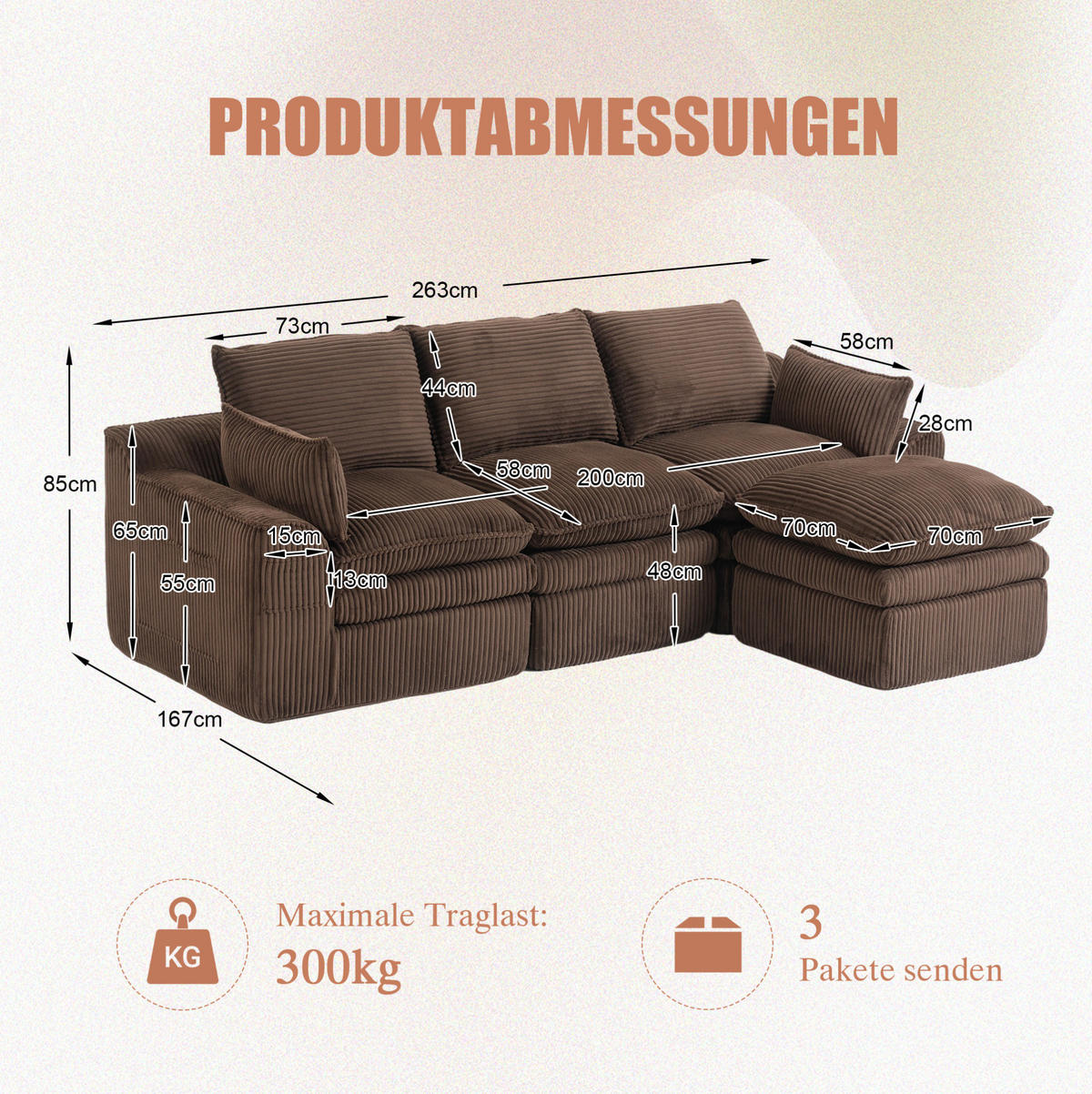 ECKSOFA aus Cord 263x167x85 cm Braun mit Hocker, Seitentaschen und Federkern - Braun, Textil (263/167cm) - Modfu