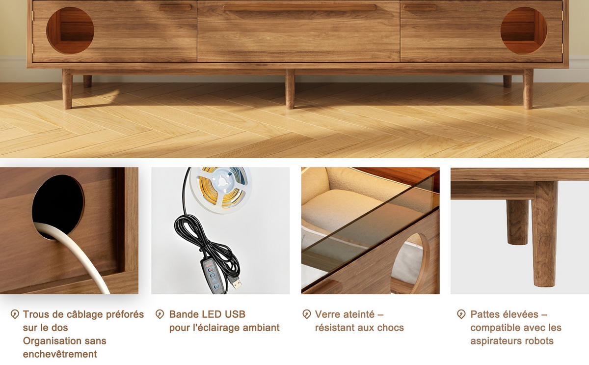 TV Lowboard LED 180x40x50 cm, Glasfront, Katzenplatz, Nussbaum - Braun, Holz (180/50/40cm)