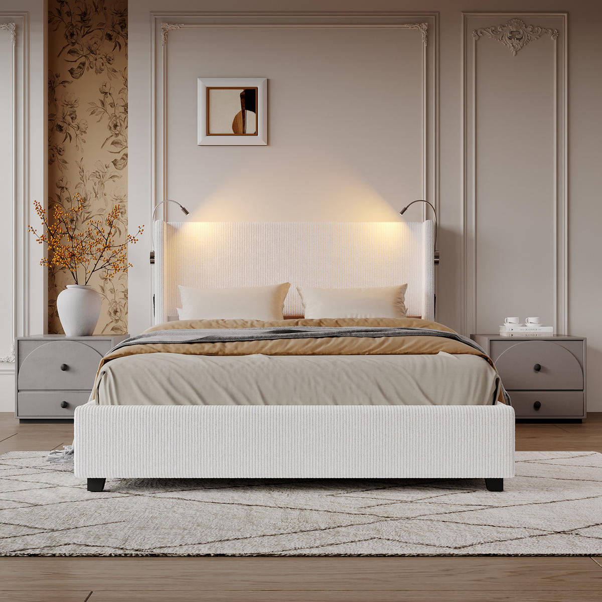POLSTERBETT 140x200 cm, Beige, Leselichte - Beige, Textil/Metall (140/200cm)
