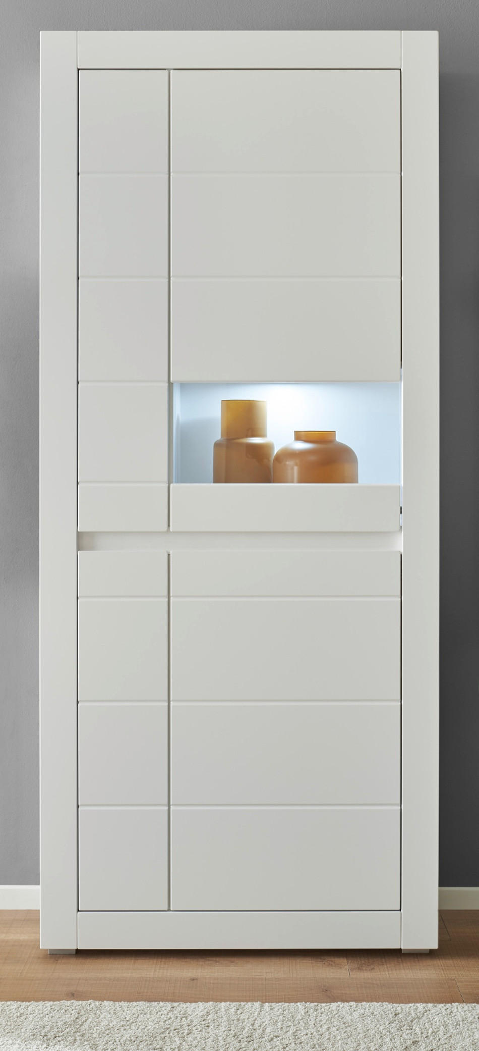 VITRINE weiß matt, Evoke Eiche, Vitrinenschrank mit Soft-Close-Funktion und Beleuchtung - Eichefarben/Silberfarben, Holzwerkstoff/Kunststoff (85/198/35cm) - Furn.Design