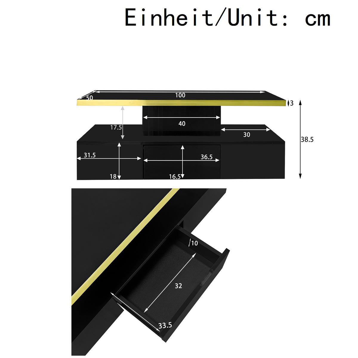 COUCHTISCH 100/50/38,5 cm schwarz Hochglanz mit 2 Ablageebenen und Schublade mit LED-Beleuchtung - Schwarz, Holzwerkstoff (100/50/39cm) - OKWISH