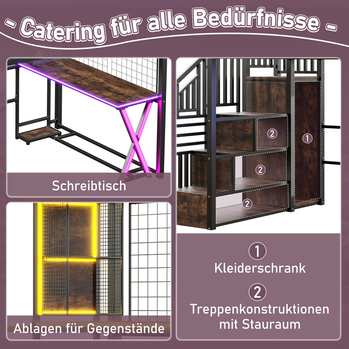 HOCHBETT 140/200 cm Schwarz mit LED-Beleuchtung, Ablageleiter, Schreibtisch, Kleiderschrank und Regalen - Schwarz, Metall (140/200cm) - OKMYHOME