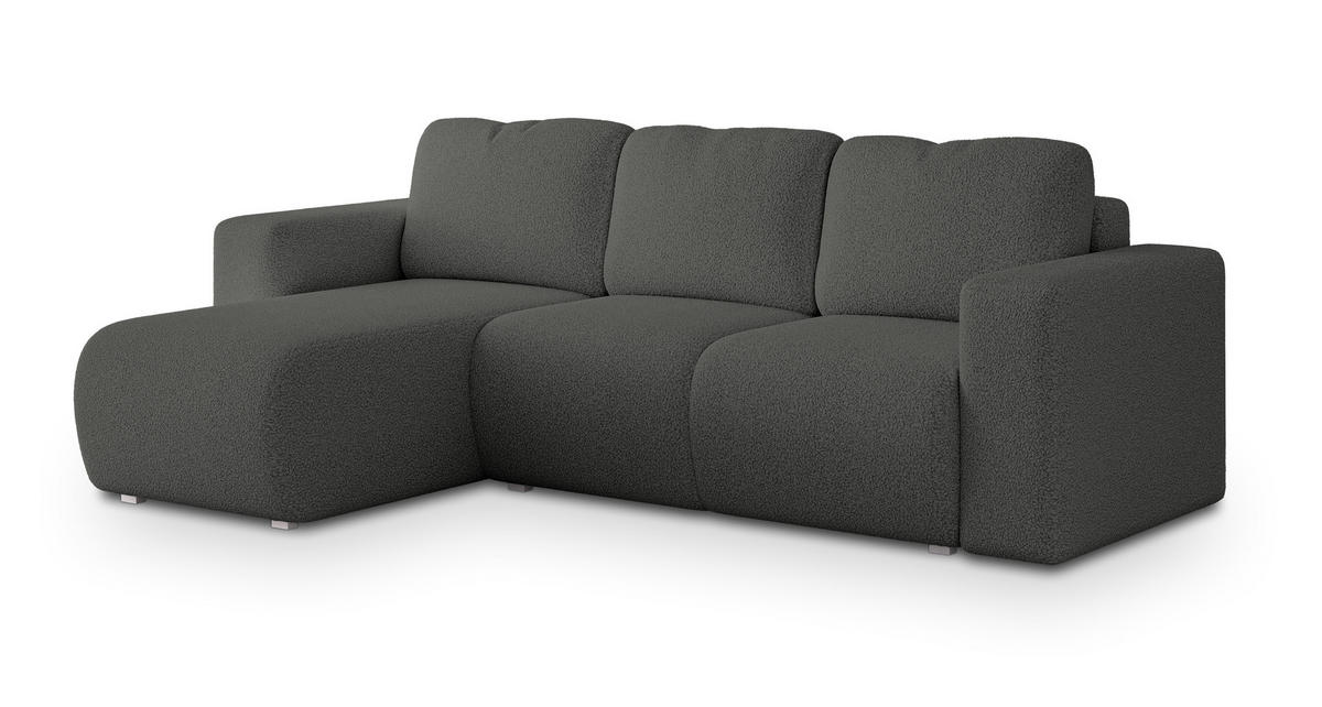 ECKSOFA RINOVA Grau Boucle-Stoff mit Schlaffunktion - Grau, Holz (250/143cm) - MASSENO