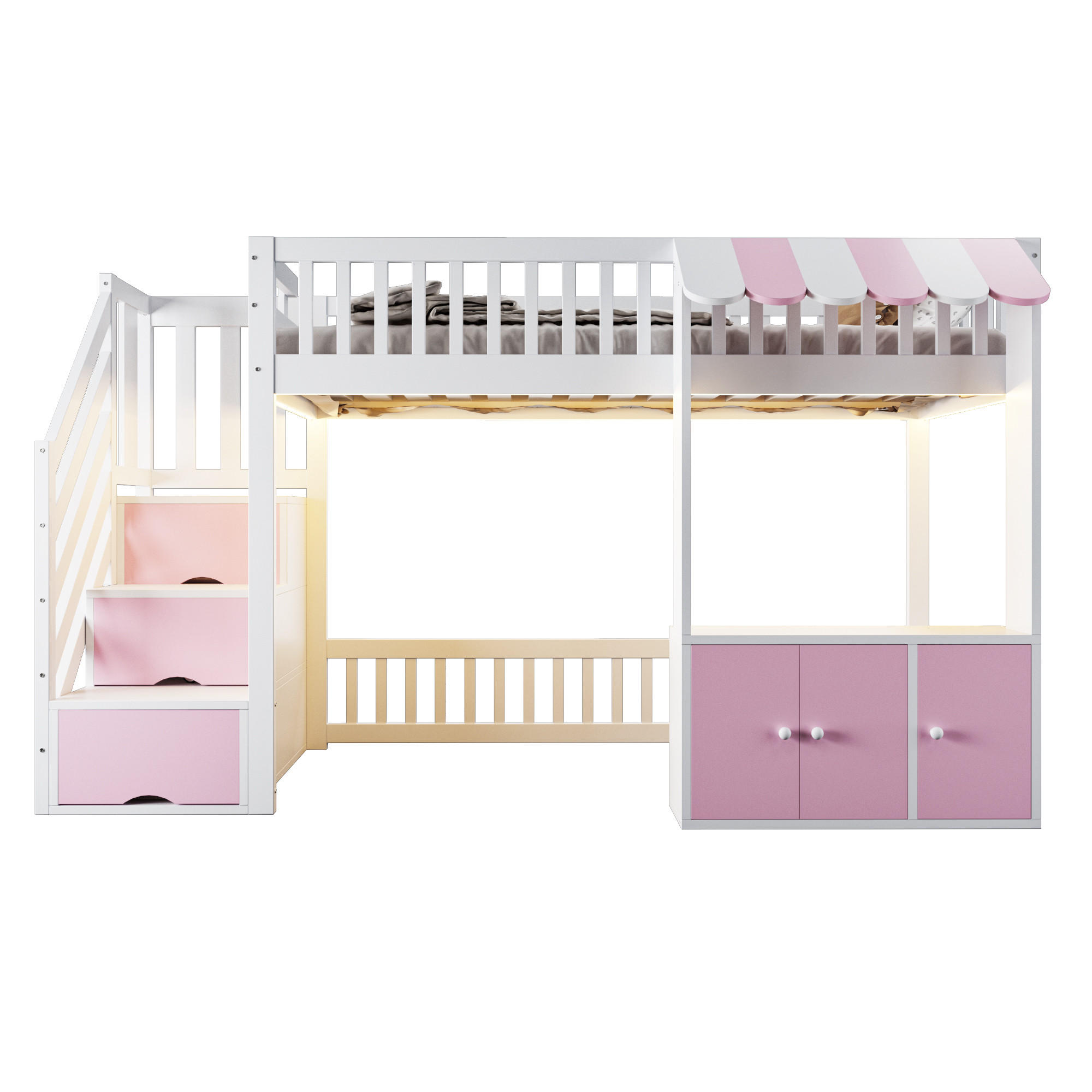 HOCHBETT 90x200 Rosa Holz Stauraumschrank LED - Multicolor, Holz (90/200cm) - FLIEKS
