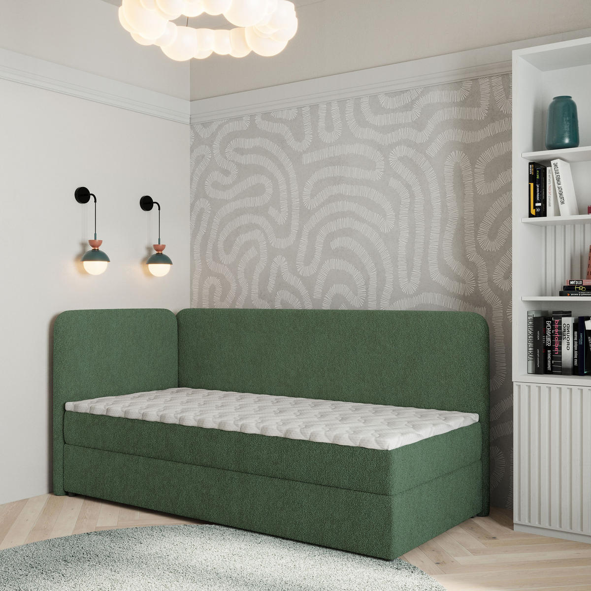 BOXBETT GINA 80x200 cm mit Matratze und Topper, H2+H3 - Grün - Grün, Holz (80/200cm) - MASSENO