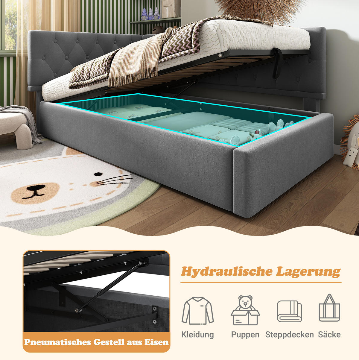 KINDERBETT Polsterbett 90/200 cm aus Samt mit hydraulischem Bettkasten Grau - Grau, Textil (90/200cm) - Modenvie