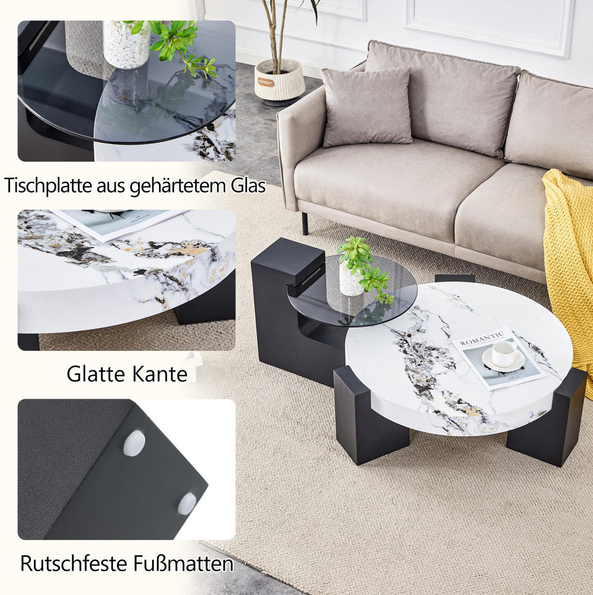 COUCHTISCH 2er-Set rund 61/44 cm Marmor-Optik Schwarz - Weiß, Glas (61/61/39cm) - Meubliv