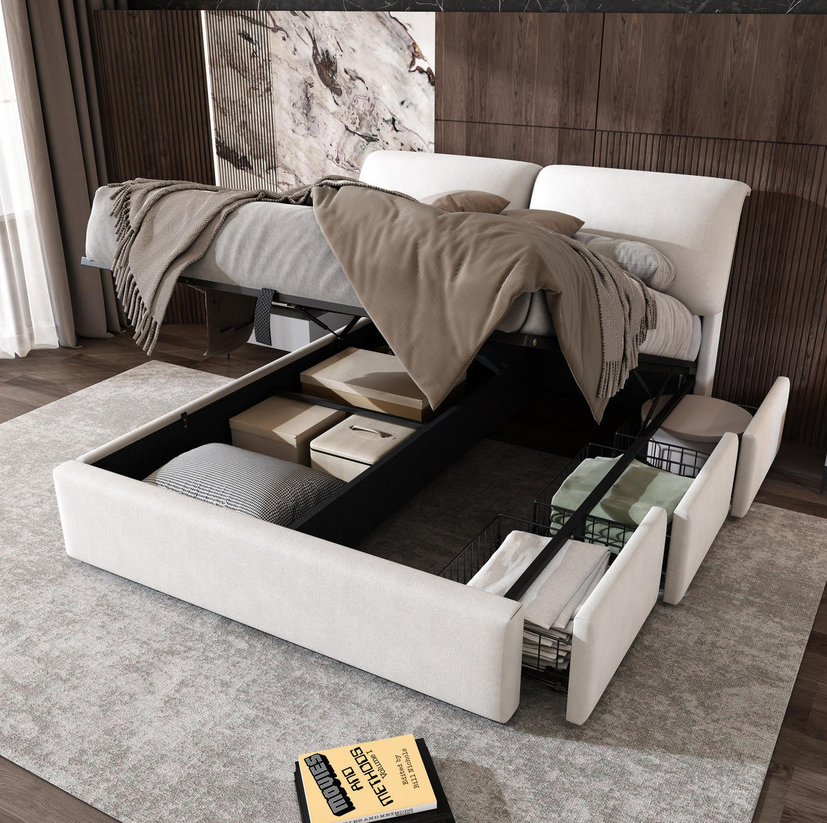 POLSTERBETT aus Samt 140x200 cm Beige mit Bettkasten, 3 Schubladen und hydraulischer Öffnung - Beige, Textil (140/200cm) - IVMEU
